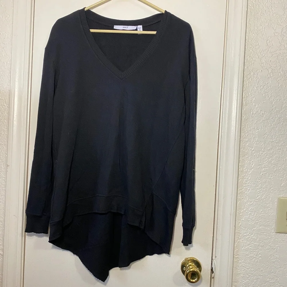 Wilt Black Long Sleeve S Small V Neck Asymmetric Hem Sweatshirt Top‎